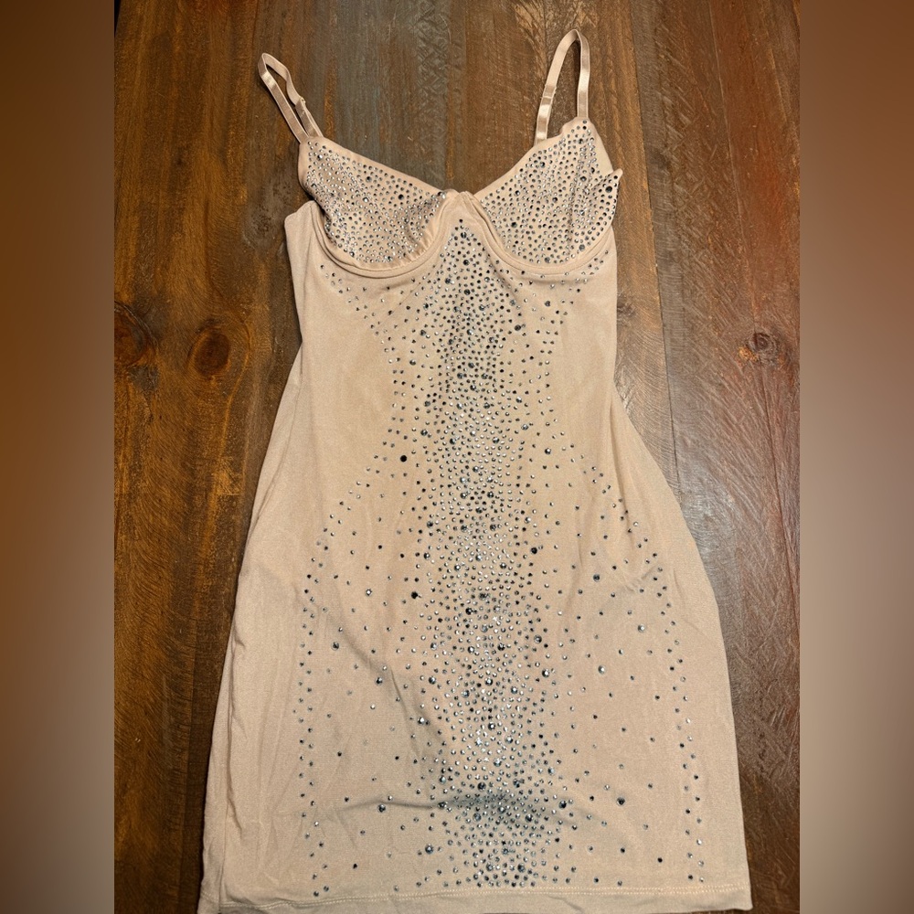 Embellished Nude Dress with Rhinestones
